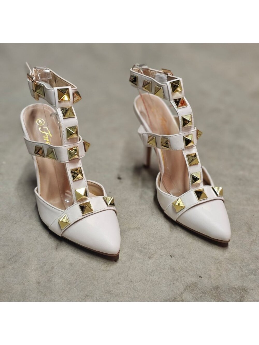 White Studded Pointed-Toe High Heels With Adjustable Buckle Strap & T-Strap Desi - Picture 9 of 15